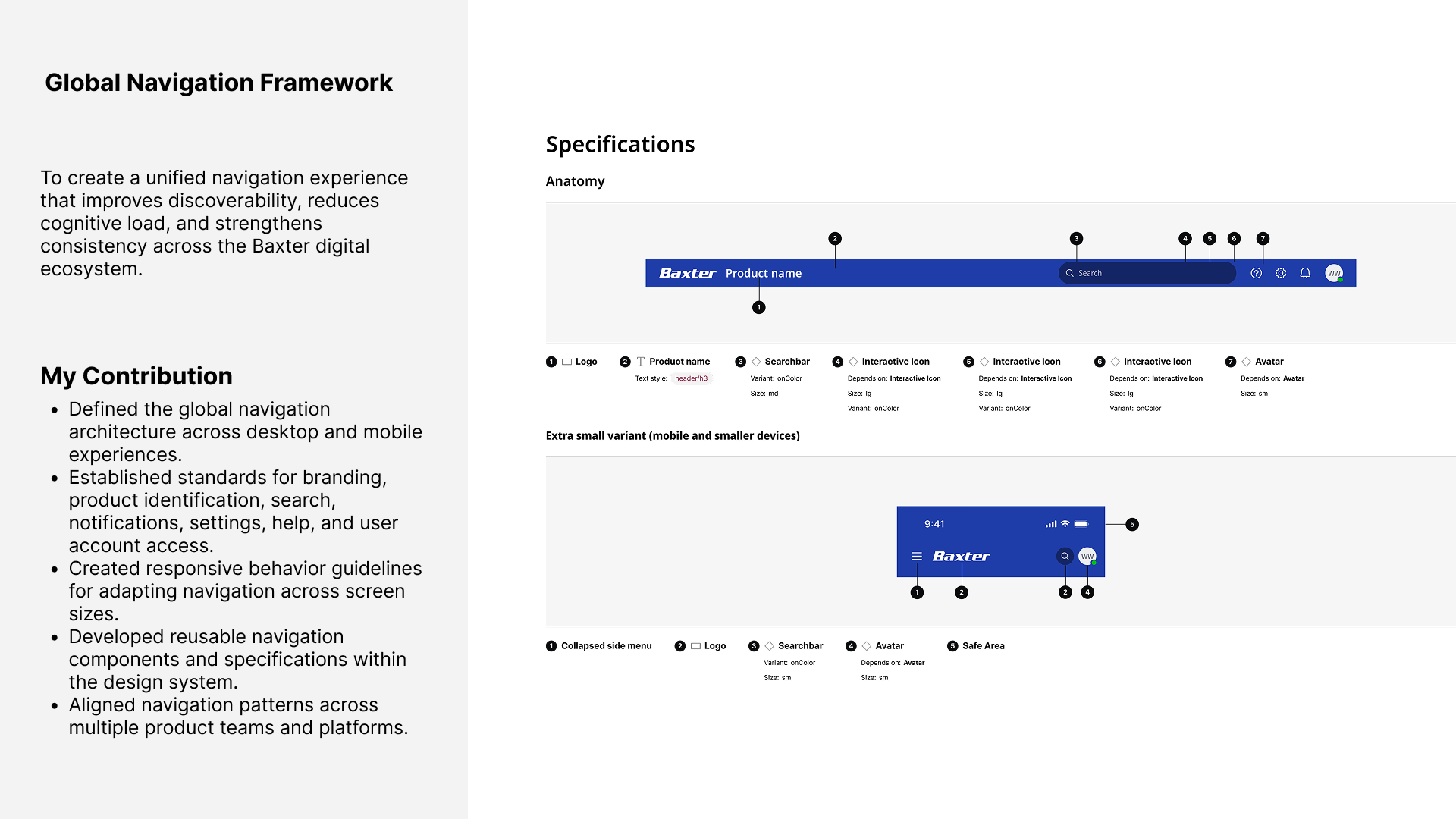 Navigation component specifications showing desktop and mobile anatomy with numbered callouts