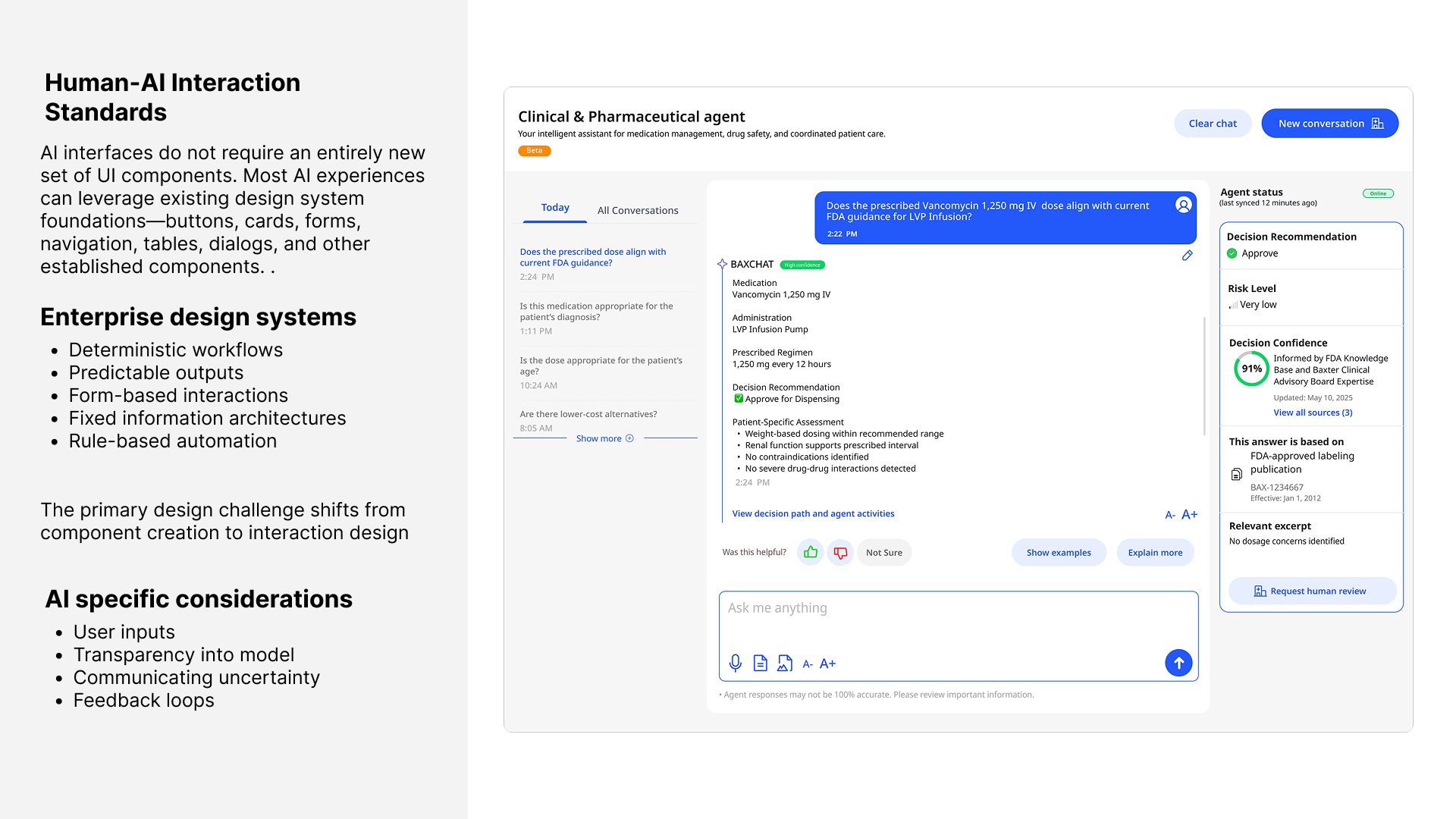BAXCHAT clinical pharmaceutical agent showing Vancomycin dosing decision with FDA citation and confidence score